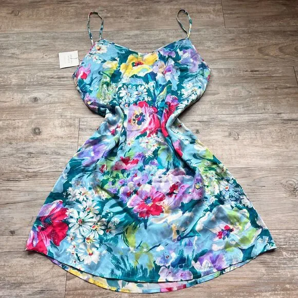 Robert Stock Silk Floral Slip Dress M NWT Blue Multicolor Spaghetti Strap Summer - Picture 3 of 10